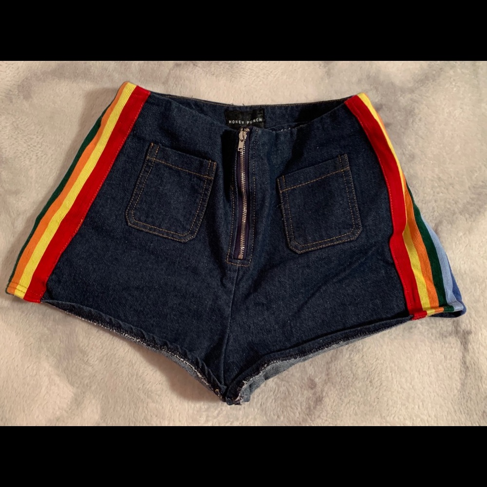 Rainbow Denim Zip-Up Shorts with Pockets